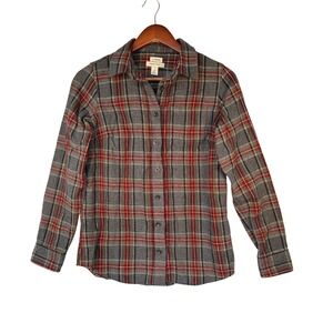 LL Bean Womens XS Slightly Fitted Flannel Shirt Grey Red Plaid Long Sleeve
